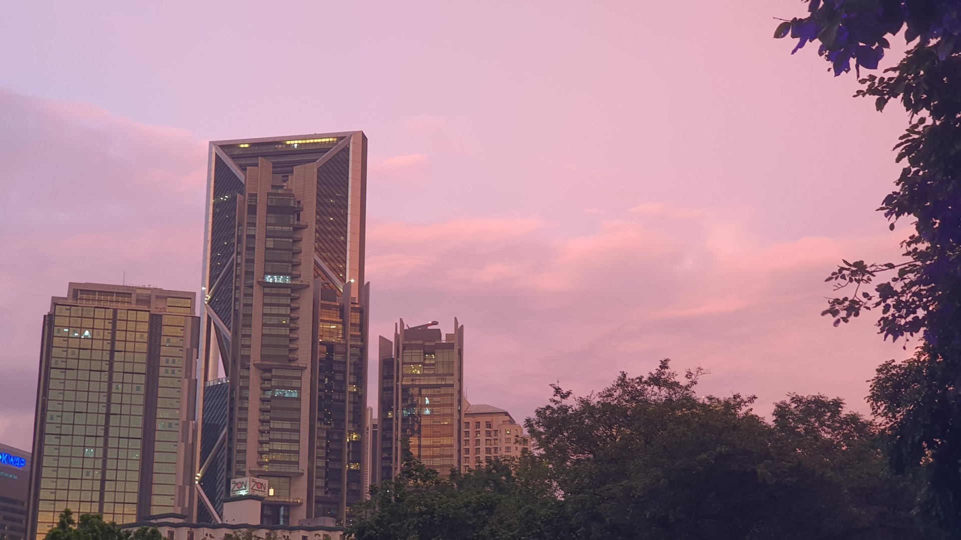 Panorama wieczornego nieba z kilkoma nowoczesnymi wieżowcami i drzewem wchodzącym w kadr w centrum Kuala Lumpur